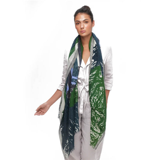 Foulard de laine mérinos couleur anthracite, vert et lilas - Boréal
