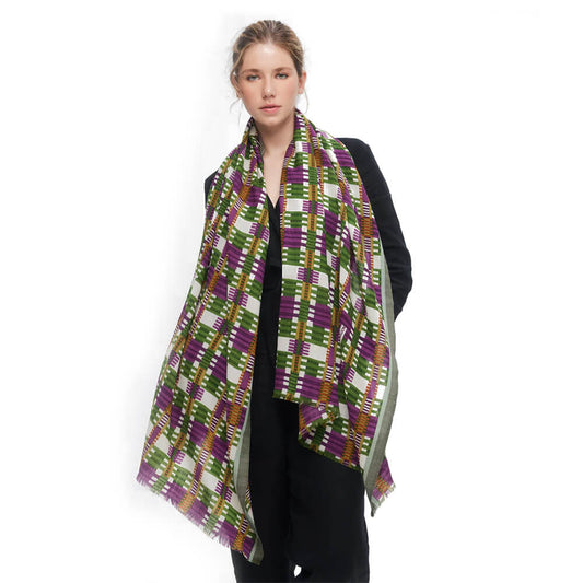 Foulard en laine de mérinos vert, violet et blanc - Illusion