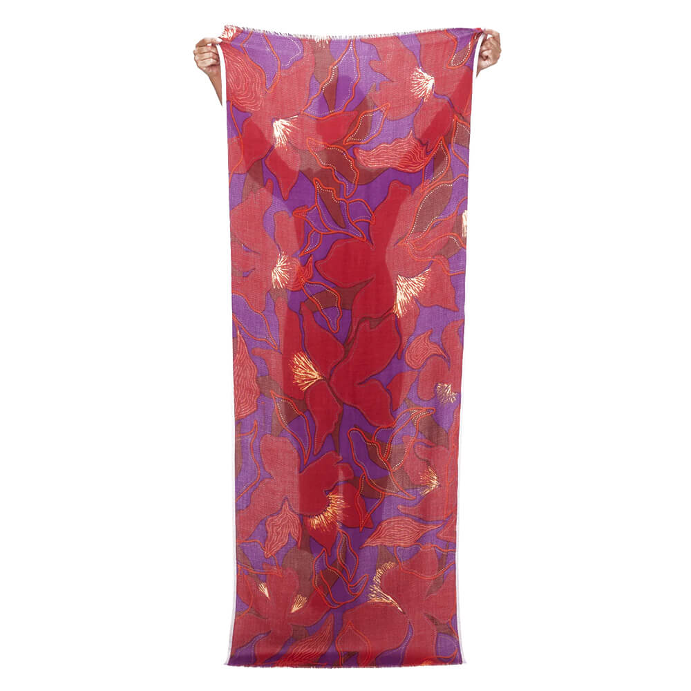 Foulard floral en laine mérinos rouge et violet - Sendai