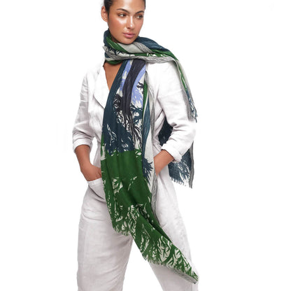 Foulard de laine mérinos couleur anthracite, vert et lilas - Boréal