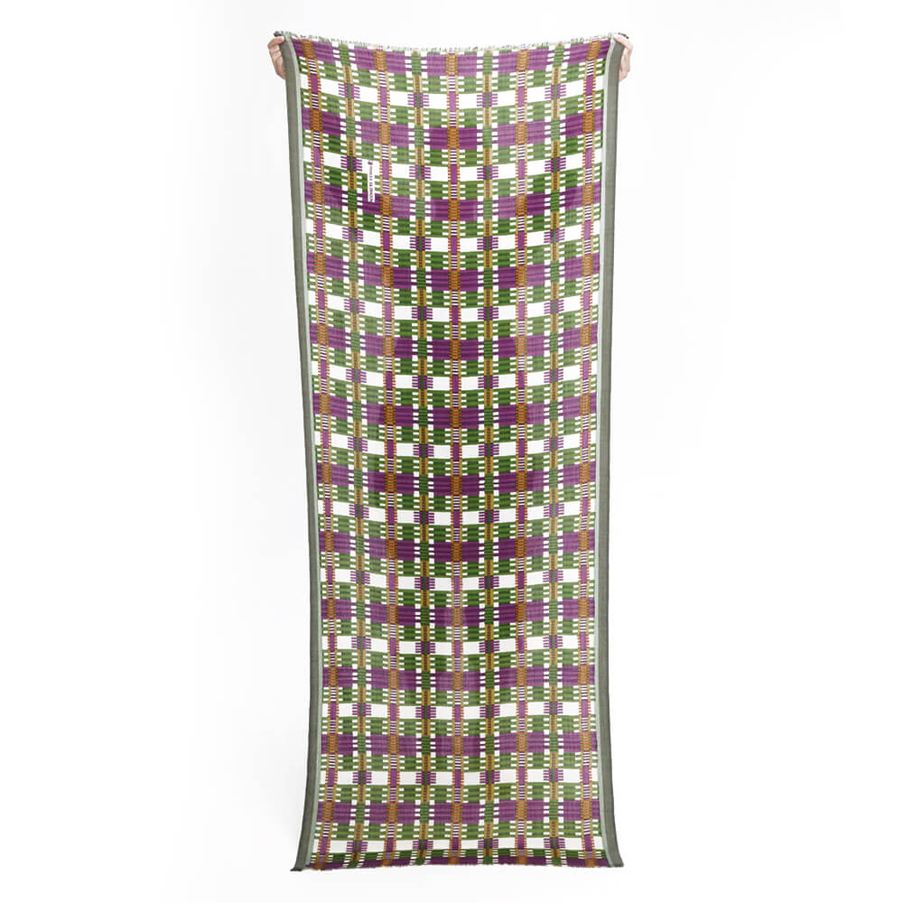 Foulard en laine de mérinos vert, violet et blanc - Illusion