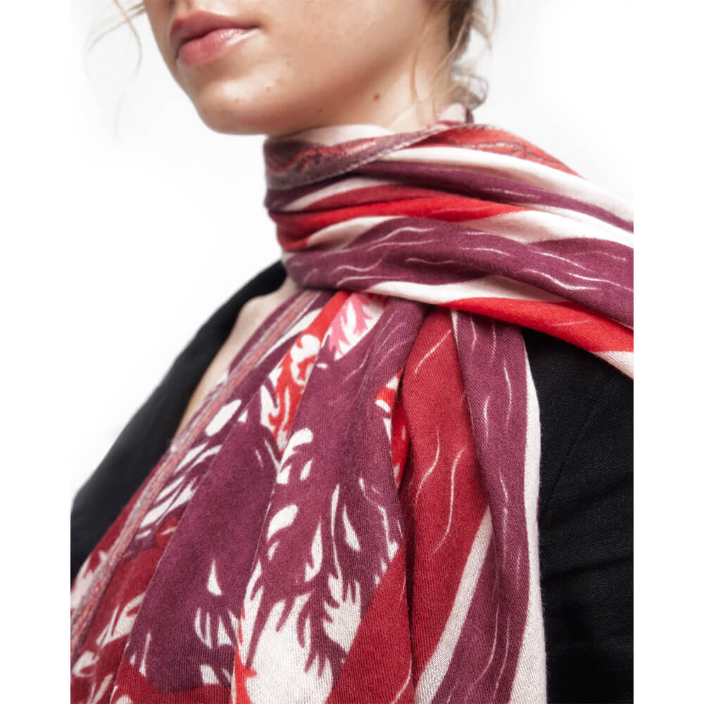 Foulard de laine mérinos couleur bordeaux, rouge et rose - Boréal